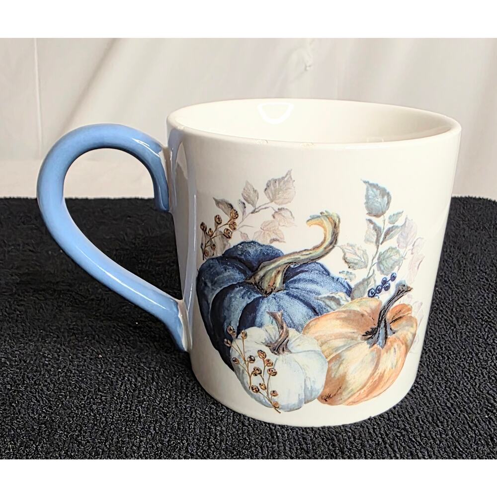 Primo Design Fall Pumpkin Coffee Mug 4" Tall 4" Diameter Blue White Brown 16 oz.